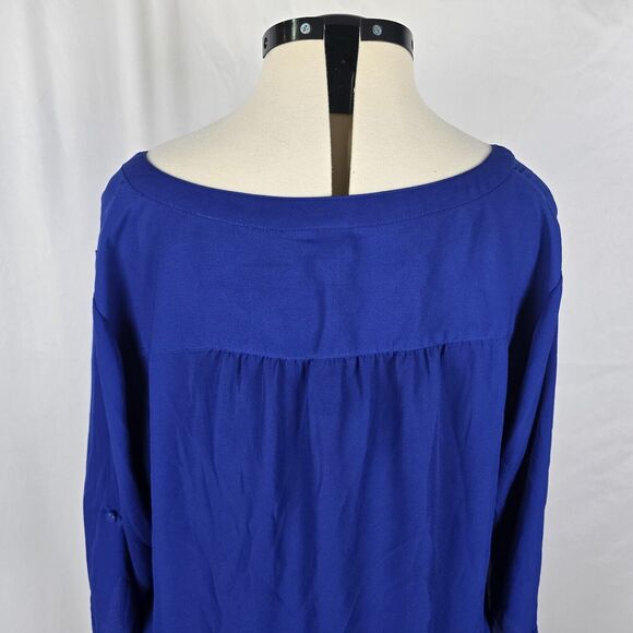 Torrid Blouse Women's 2X Blue V-Neck 1/4 Button Up Long Roll Tab Sleeves Ruffle - Picture 5 of 15